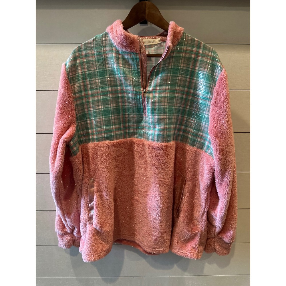 Grace + Emma Pink Sherpa Plaid Sequin Quarter Zip Pullover Sweater Womens XL